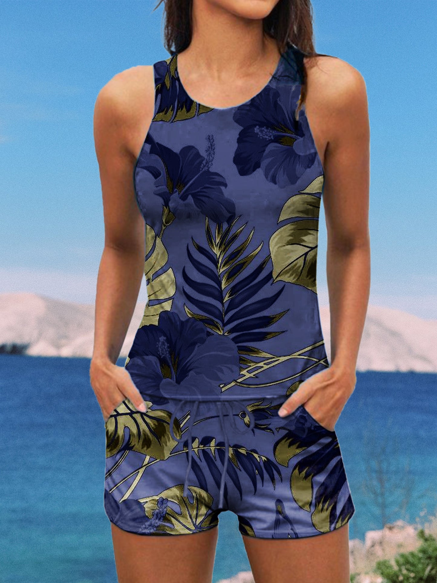 Vintage Tropical Leaves Print Halter Ruffle Ruched Jacquard Tankini Short Set