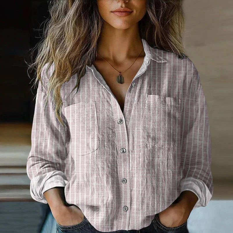 Comstylish Women's Vintage Stripe Art Print Casual Long Sleeve Comfortable Cotton Shirt