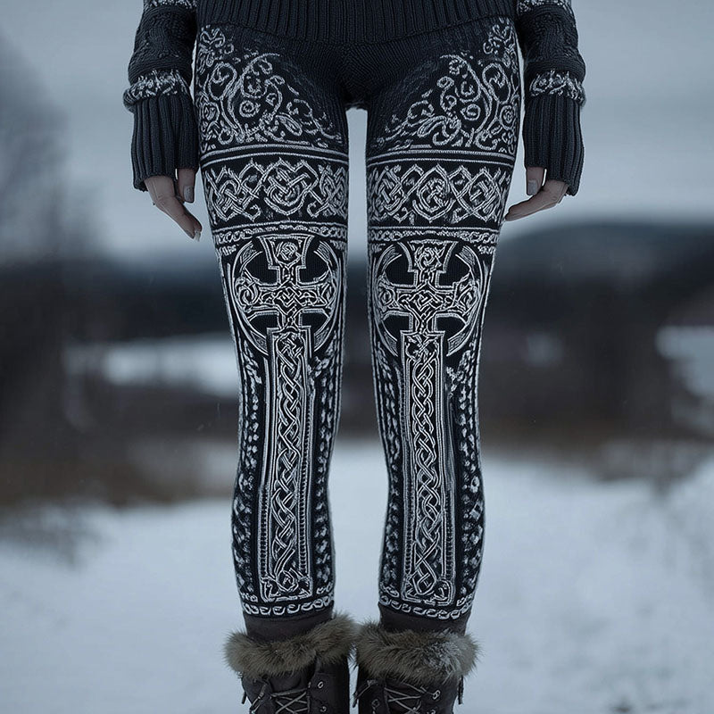 Women's Viking Cross Celtic Knot Jacquard Art Cozy Leggings artswardrobe