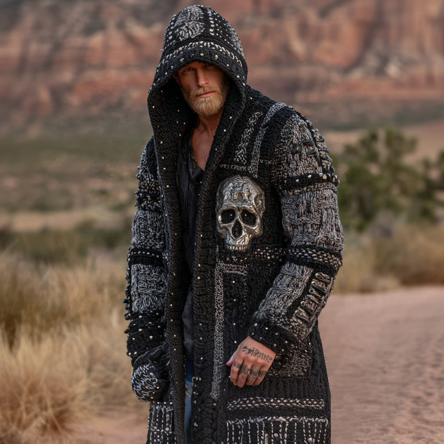 Men's Dark Style Skull Inspired Knitted Cozy Long Hooded Cardigan elevenforest