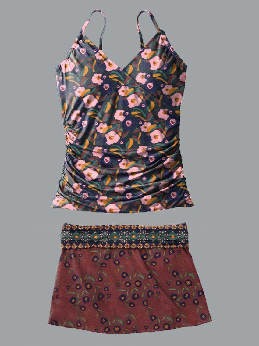 V-Neck Retro Ethnic Floral Print Suspender Skirt Tankini Pantskirt Set Swimsuit