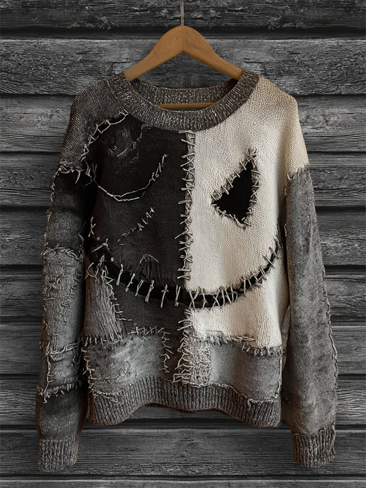 Halloween Spooky Face Colorblock Stitched Cozy Knit Sweater elevenforest