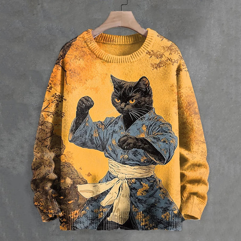 Men's Japanese Ukiyo-E Kung Fu Black Cat Casual Sweater elevenforest