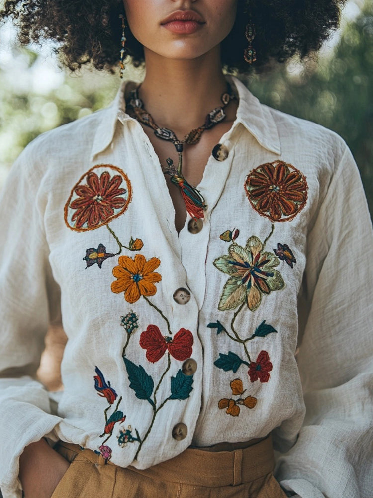 Vintage Floral Embroidered Linen Blend Blouse artswardrobe
