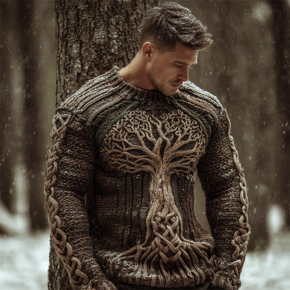 Vintage Nordic Myth Tree Of Life Men's Chunky Knit Crewneck Sweater elevenforest