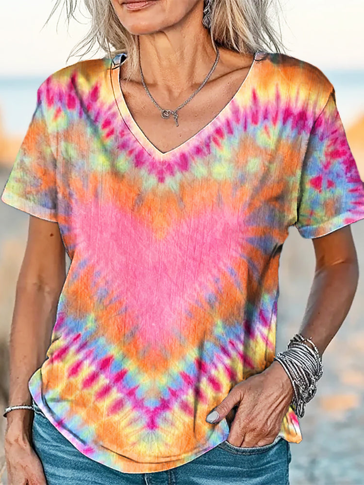 Colorful Love Heart Tie Dye Print 100%Cotton V-neck T-Shirt