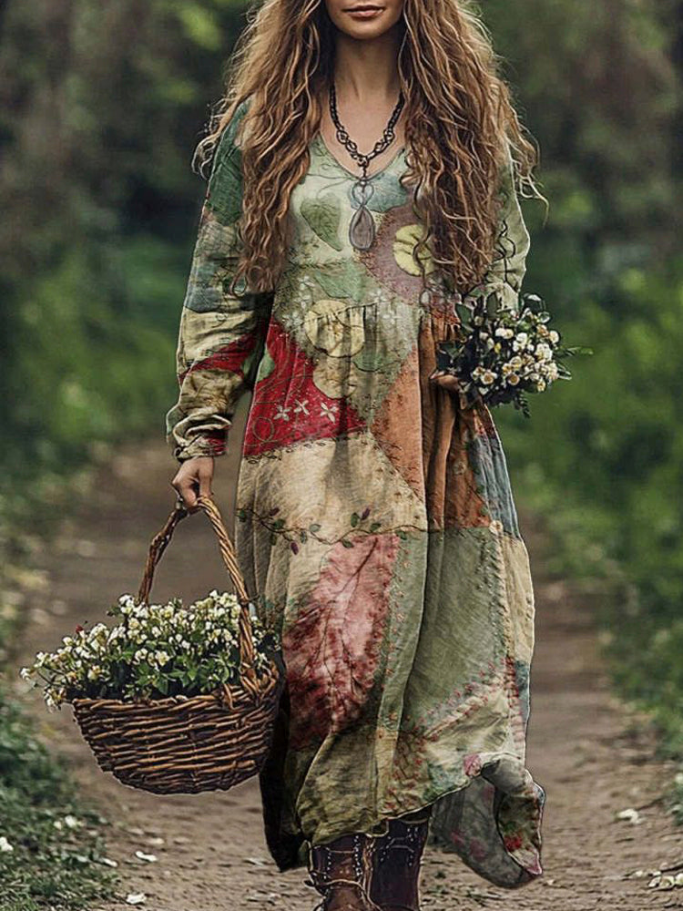 Vintage Stitching Patchwork Pattern Women's Flowy Maxi Dress artswardrobe