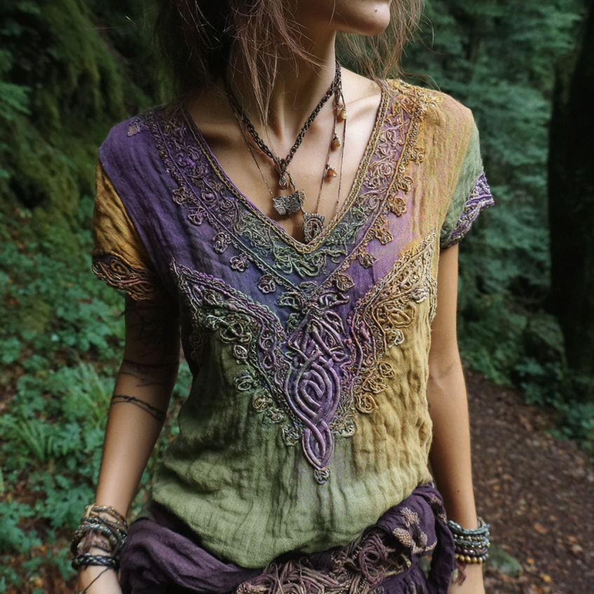 Vintage Viking Celtic Knot Gradient Art Women's Linen V Neck T-shirt artswardrobe