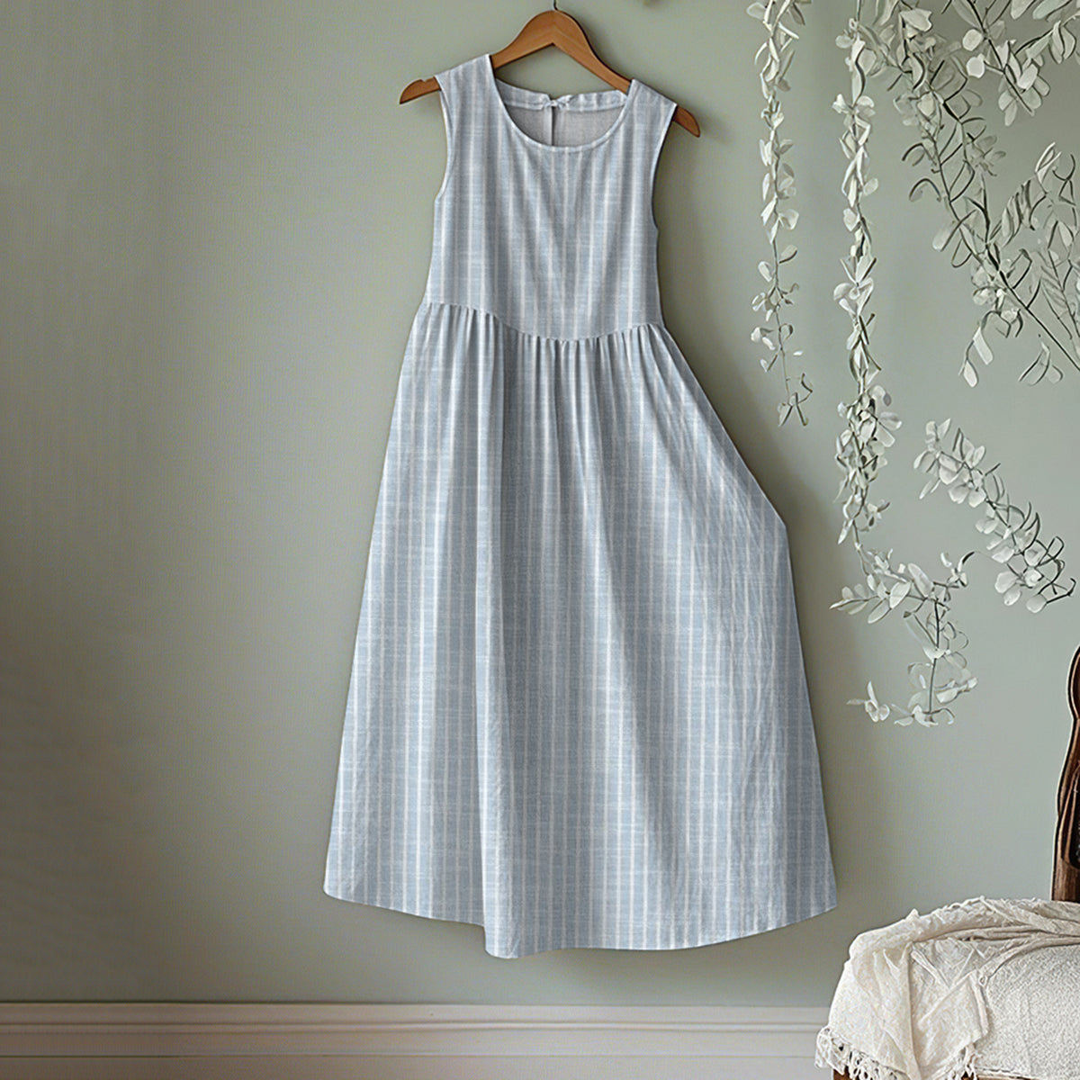 Vintage Stripe Art Linen Tank Midi Dress artswardrobe