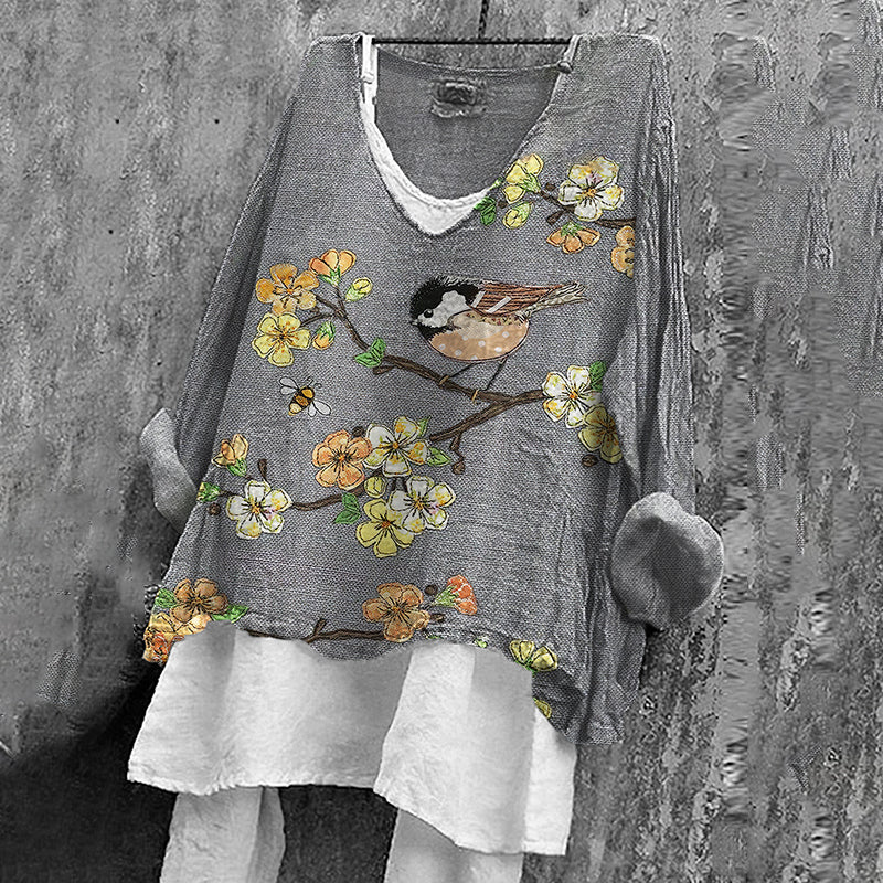 Comstylish Women's Flower & Bird Patch Embroidery Art V-neck Linen Blend Shirt