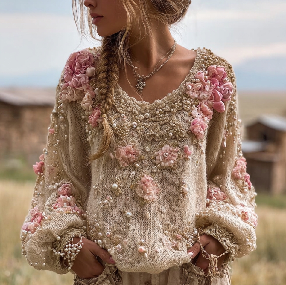 Bohemian Style Round Neck Long Sleeve 3d Floral Design Women's Sweater elevenforest