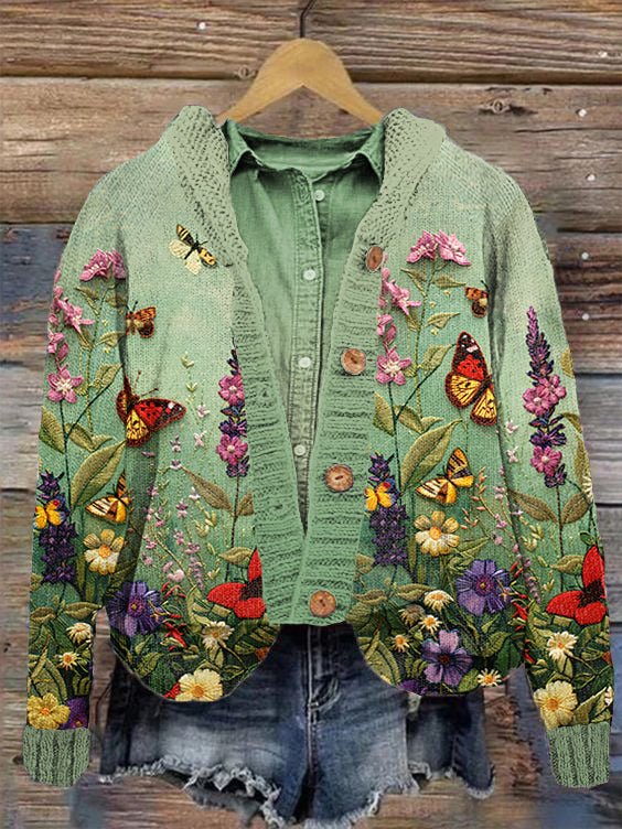 Insect Flower Embroidery Art Cozy Knit Cardigan artswardrobe