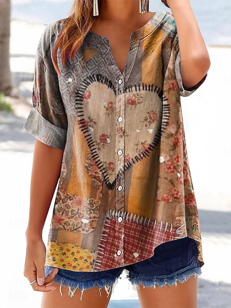 Women's Vintage Heart Pattern Art Printed Casual Short Sleeve Cotton a