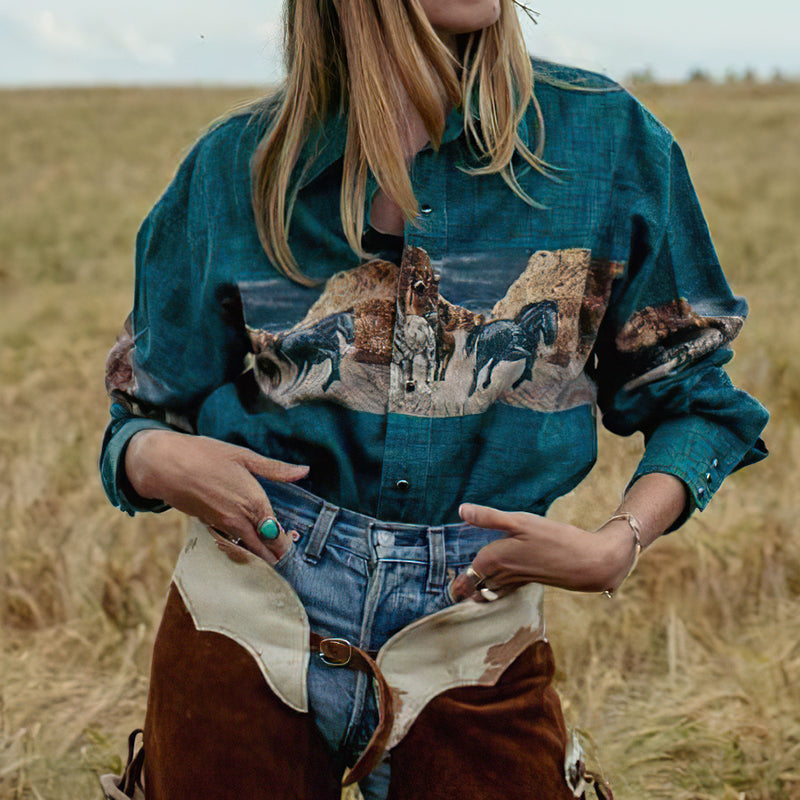 Comstylish Casual Horse Western Style Rodeo Long Sleeve Shirt