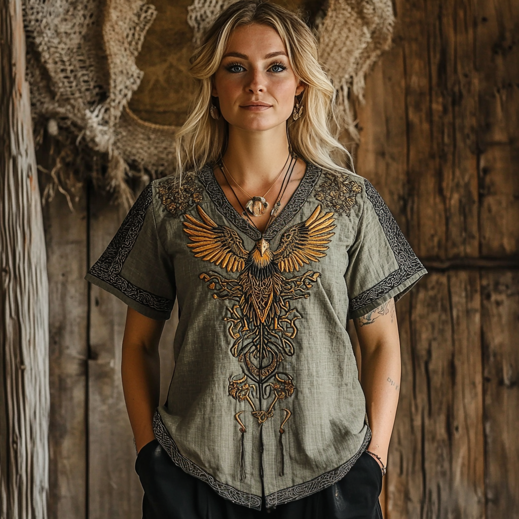 Vintage Women's Viking Eagle Rune Print Linen T-shirt artswardrobe