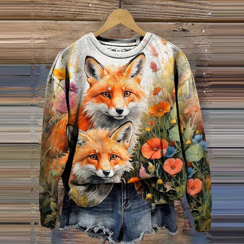 Vintage Fox And Floral Art Casual Sweatshirt artswardrobe