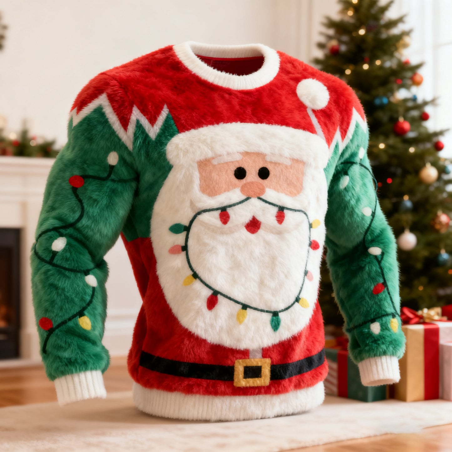 Comstylish Men's Funny Christmas Santa Claus Lights Pattern Flannel Sweatshirt