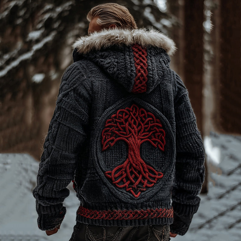 Comstylish Men's Vintage Viking Tree Of Life Celtic Art Fur Trim Hooded Cardigan