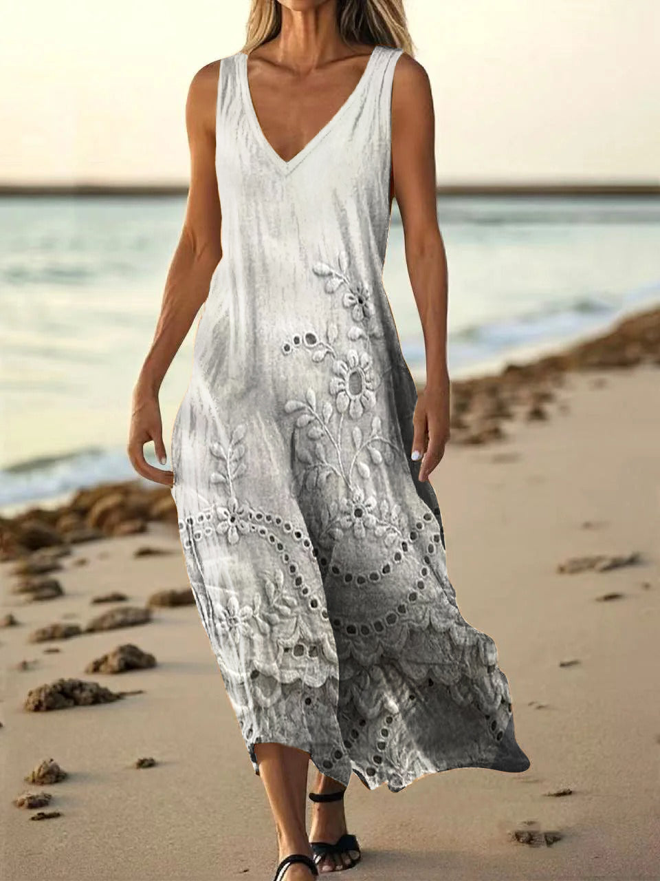 Women's Vintage Floral Textured Art Print Sleeveless V Neck Pocket Cot