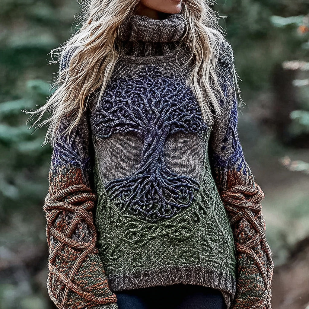 Women's Viking Tree Of Life With Celtic Knot Art Gradient Turtleneck Cozy Knit Sweater artswardrobe