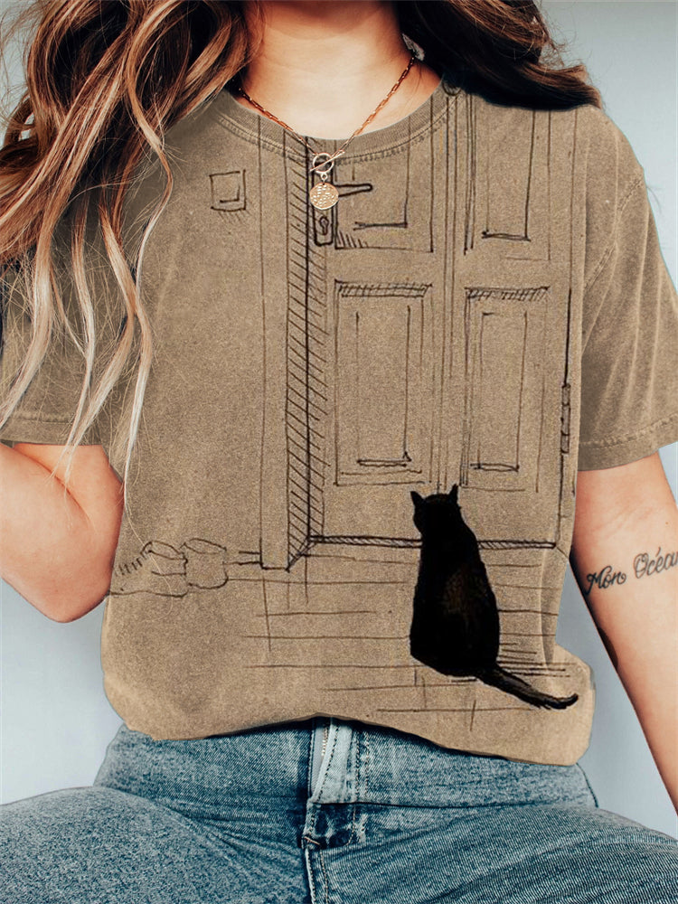 Black Cat Waiting Art Vintage T Shirt elevenforest