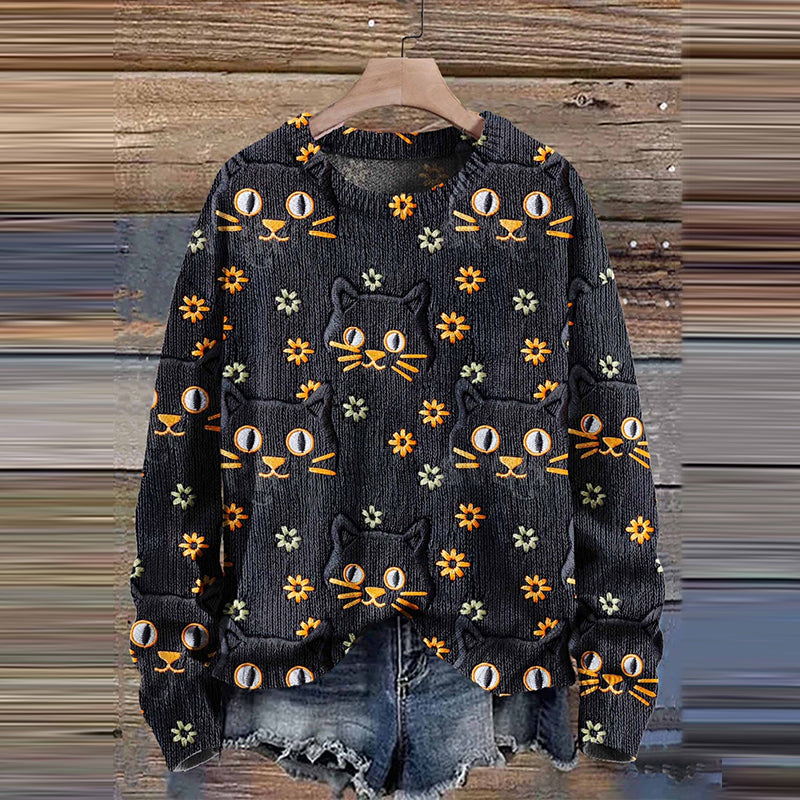 Black Cat Flower Autumn Season Halloween Art Print Knit Pullover Sweater elevenforest