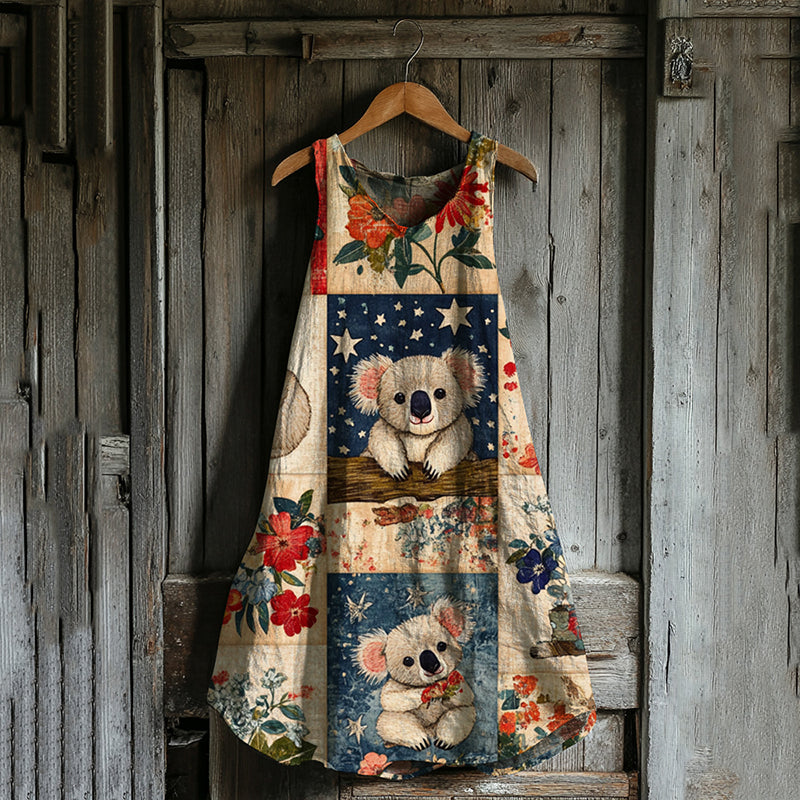 Vintage Loose Australian Save Koala Protect Koala Cute Koala Patchwork Pattern Art Print Linen Tank Dress artswardrobe