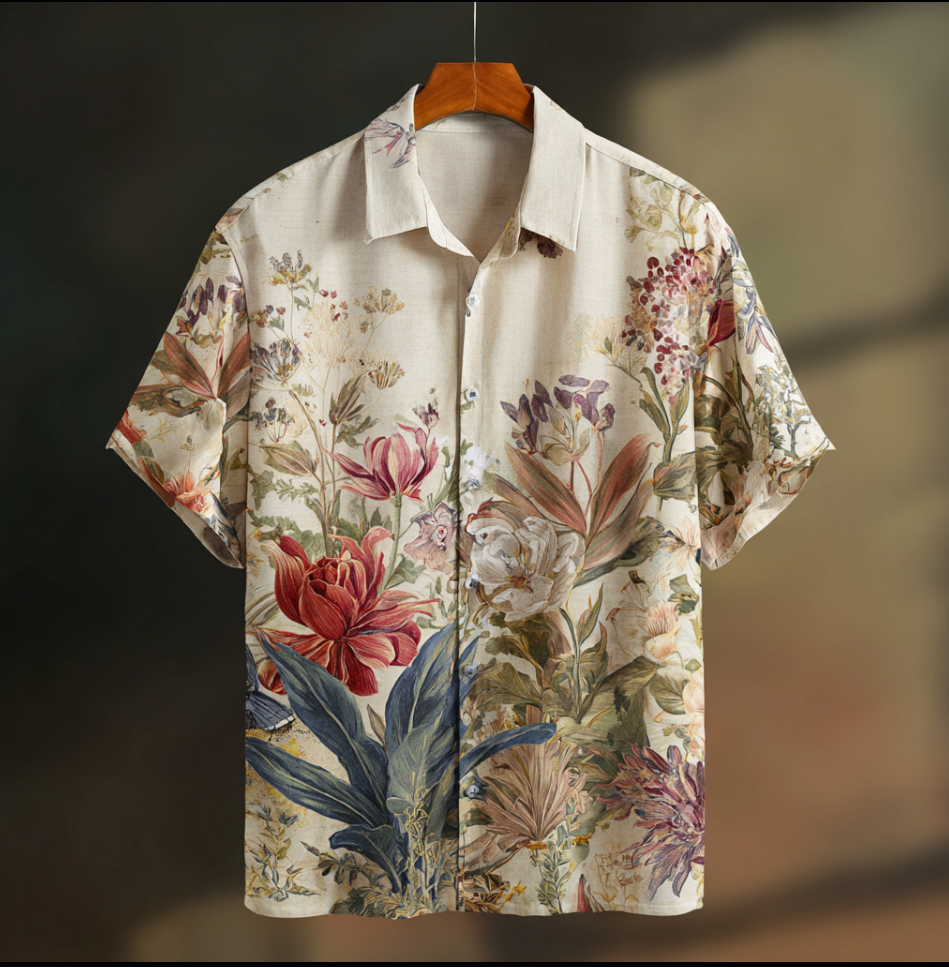 Bohemian Style Plant And Flower Pattern Men's Retro Cotton And Linen Shirt artswardrobe