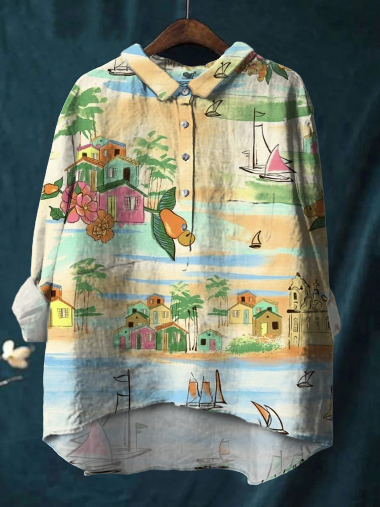 Printed Pattern Printed Cotton And Linen Shirt