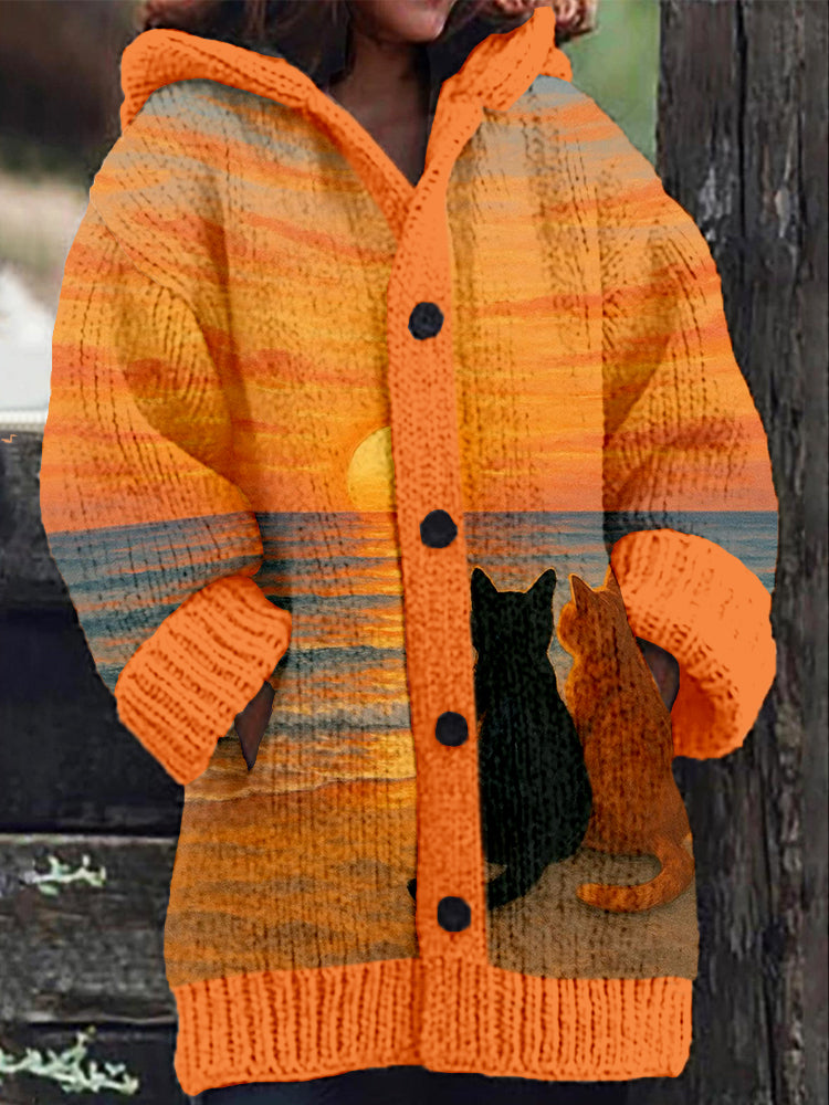 Cute Sunset Cats Pattern Cozy Hooded Knitted Cardigan artswardrobe