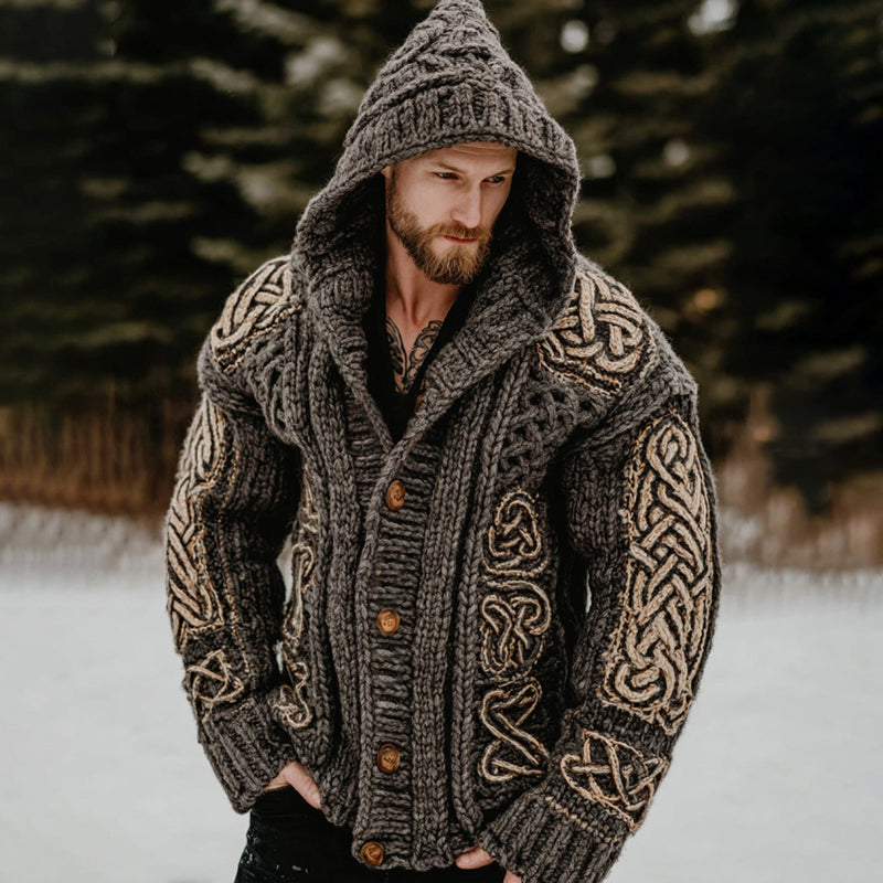 Men's Viking Celtic Pattern Art Knitted Hooded Sweater elevenforest