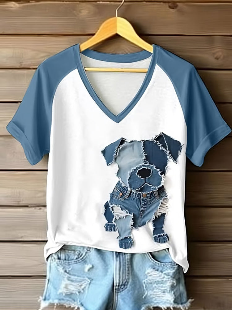 Comstylish Women's Retro Funny Denim Patch Animal Dog Print Raglan Short Sleeve T-shirt