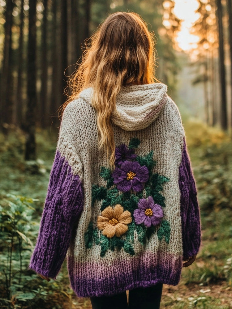 Vintage Flower Embroidered Cozy Knit Hooded Cardigan artswardrobe