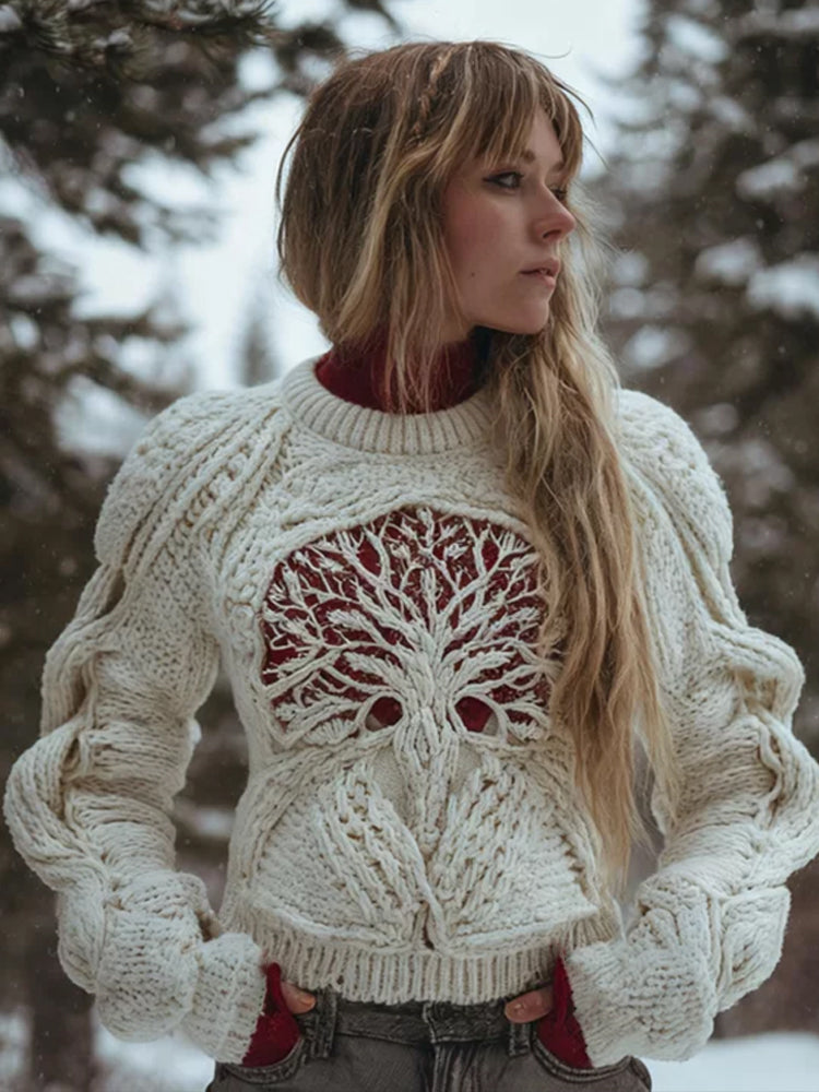 Women's Viking Style Hollow Knit Tree Of Life Round Neck Sweater artswardrobe