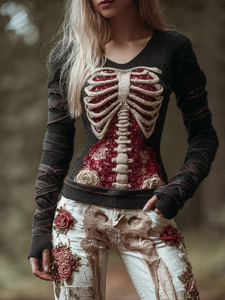 Women's Halloween Skeleton Bandage Shining Black Knitted Sweater artswardrobe