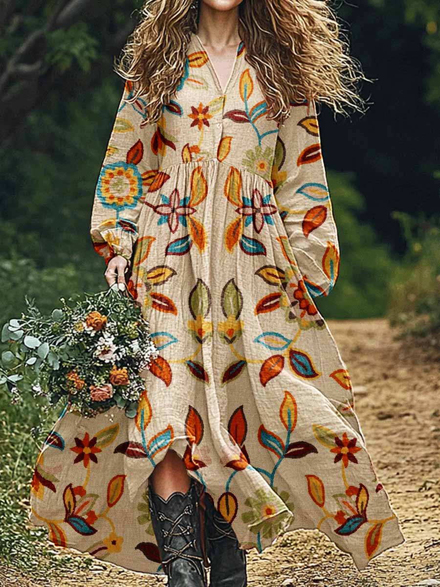 Women's Vintage Art Floral Pattern Cotton And Linen Dress