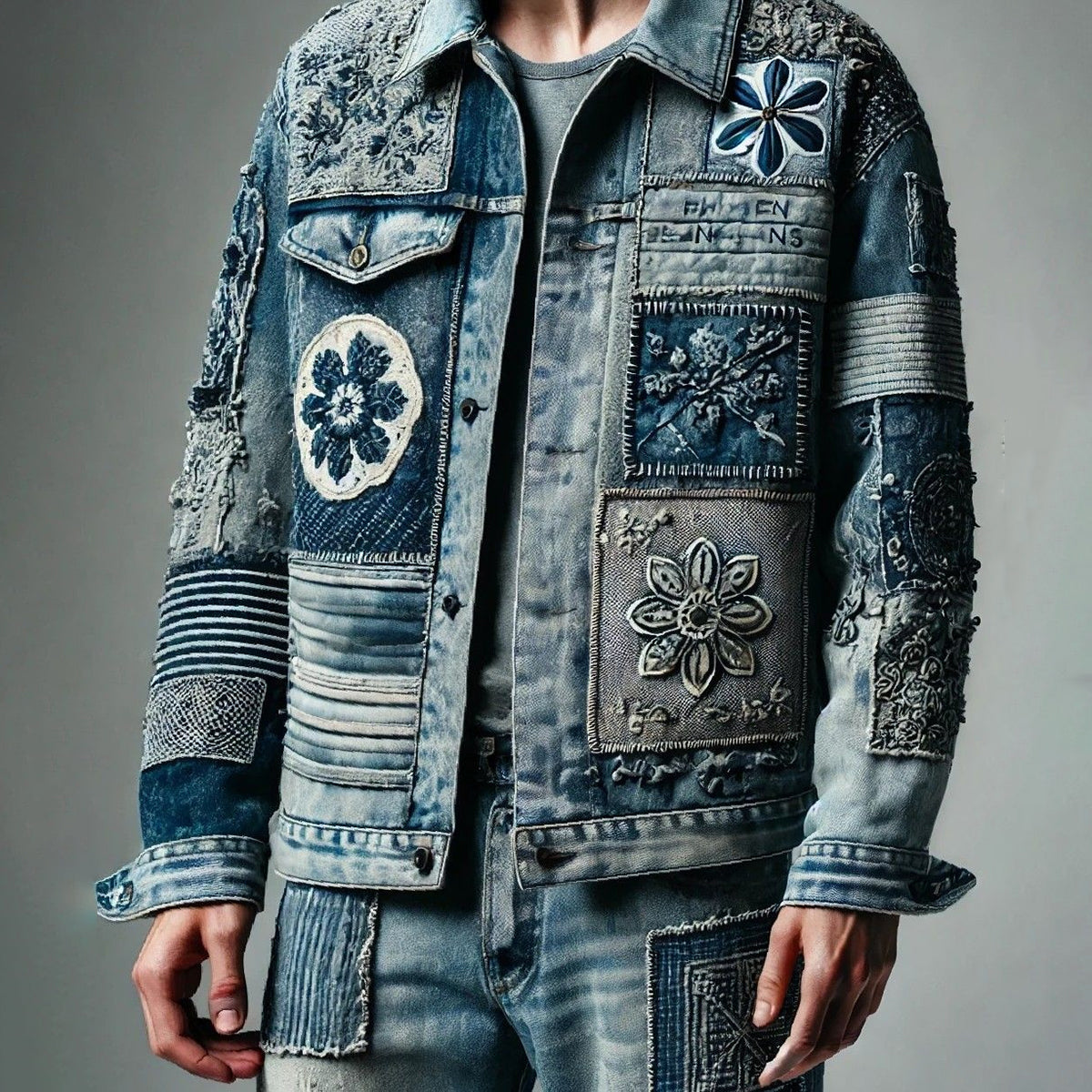 Men's Retro Vintage Floral Patchwork Art Denim Jacket artswardrobe