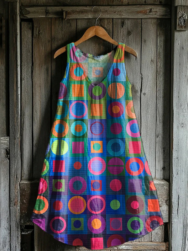 Women's Retro Abstraction Art Print V-neck Pocket Cotton Dress