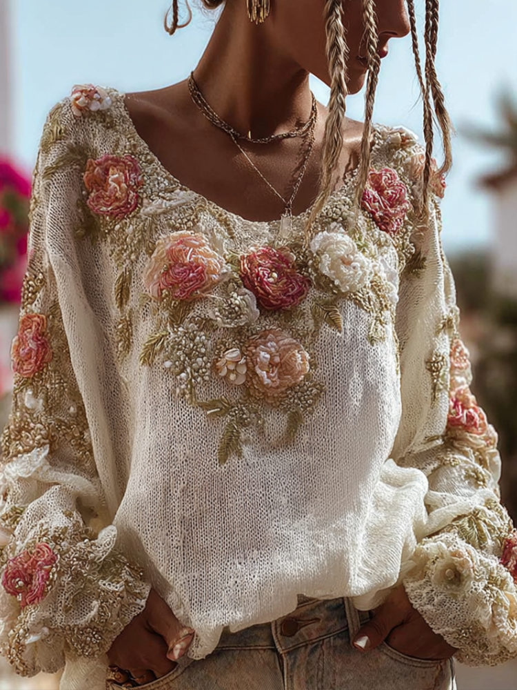 Bohemian Style Three-dimensional Pink Flower Knitted Pattern Women's V-neck Long-sleeve Knitted Sweater artswardrobe