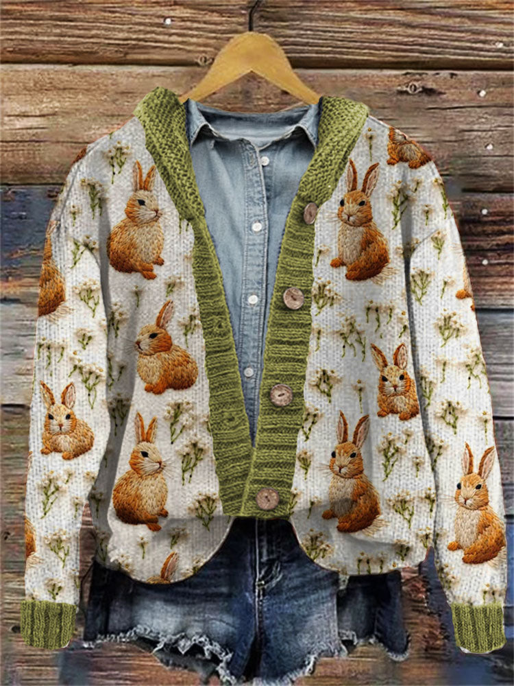 Colorful Cute Rabbit Embroidered Hooded Cardigan artswardrobe