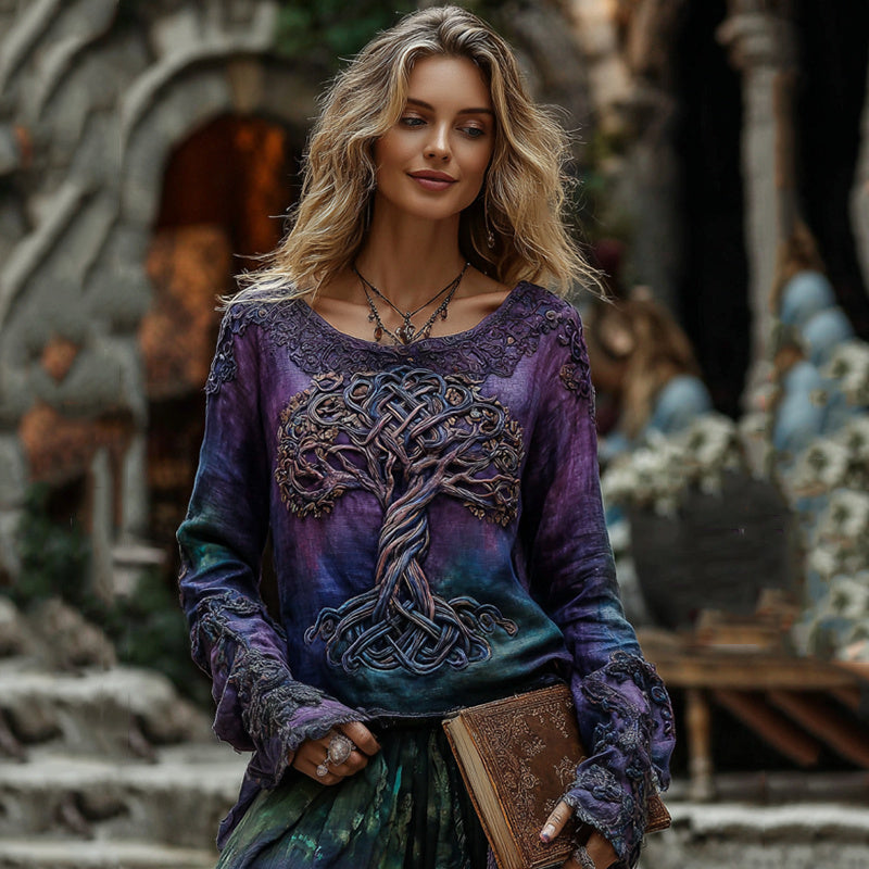 Women's Classic Viking Tree Of Life With Celtic Knot Art Gradient Linen Long Sleeve Shirt artswardrobe