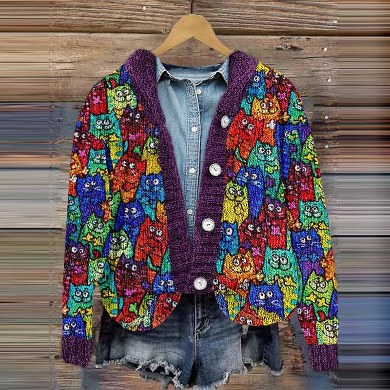 Vintage Cats World Knit Pattern Women's Cardigan elevenforest