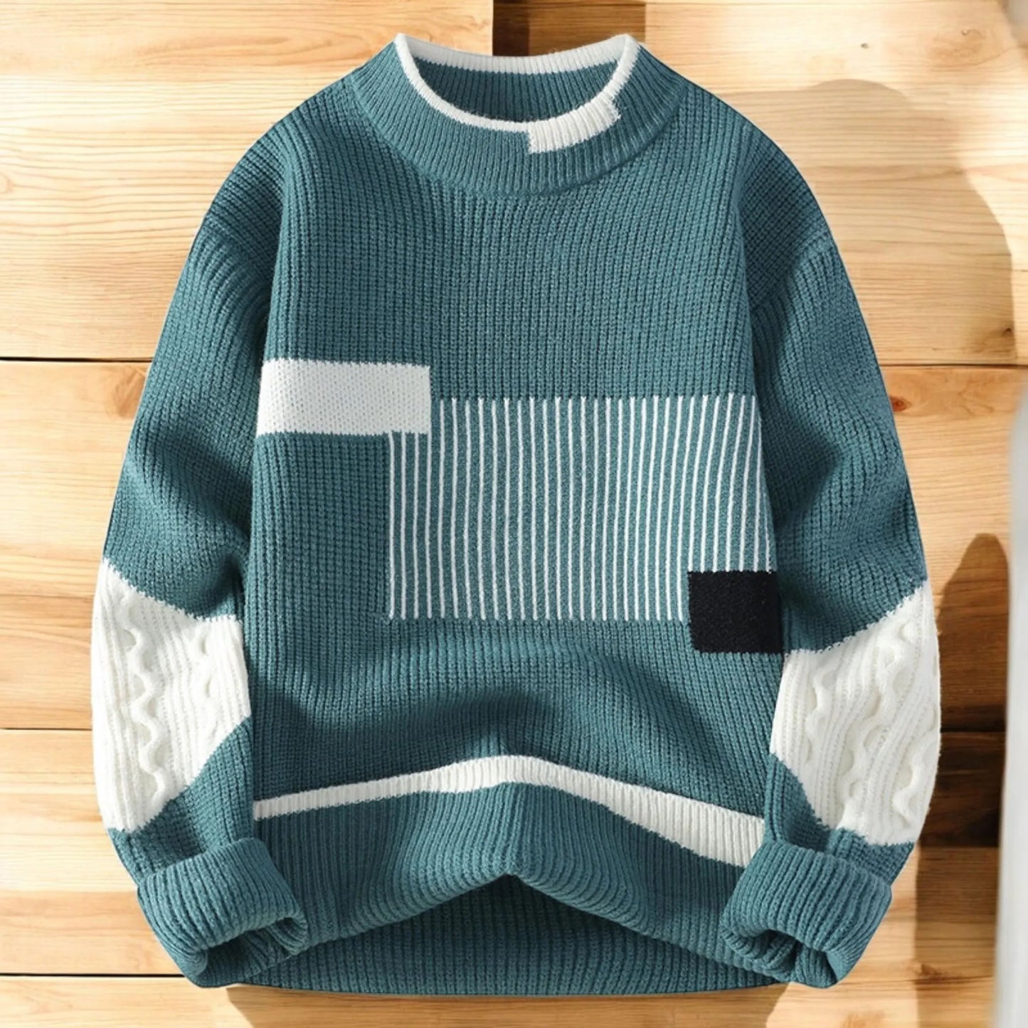 Vegan Mock Minimalist Knit Pullover Sustainable Patchwork Warmth Knitted Jacquard Unisex Sweater elevenforest
