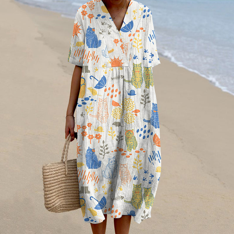 Women's Vintage Floral And Cat Art Cotton And Linen Dress elevenforest