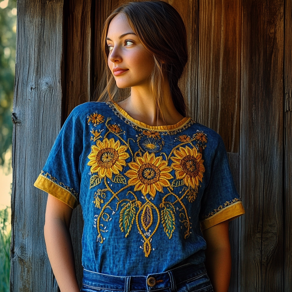 Ethnic Sunflower Embroidered Patchwork Linen Tunic Top artswardrobe
