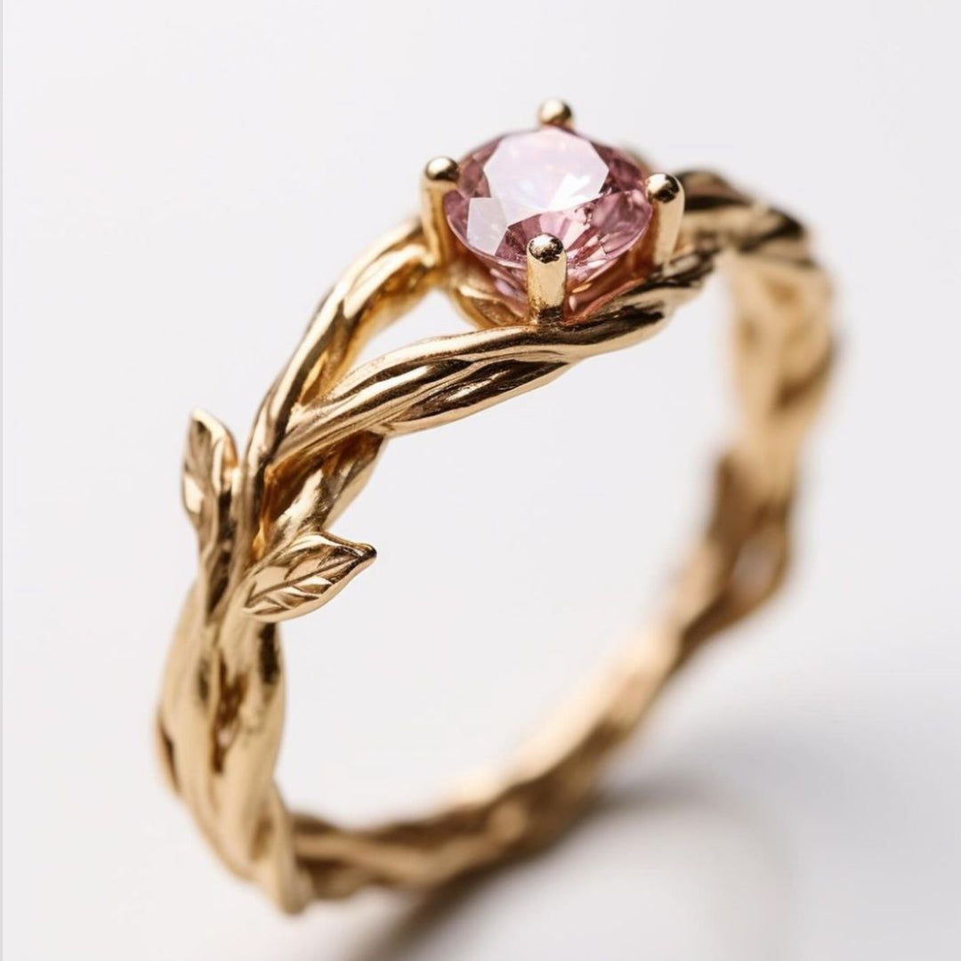 Exotic Pink Crystal Golden Branch Ring