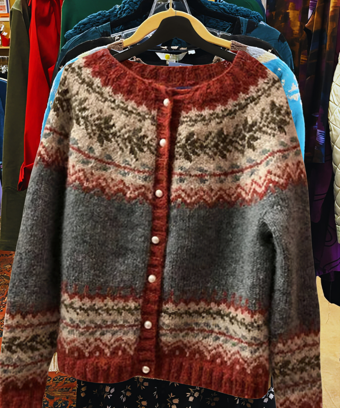 Cardigan in cotone con righe Fair Isle rosse e color crema