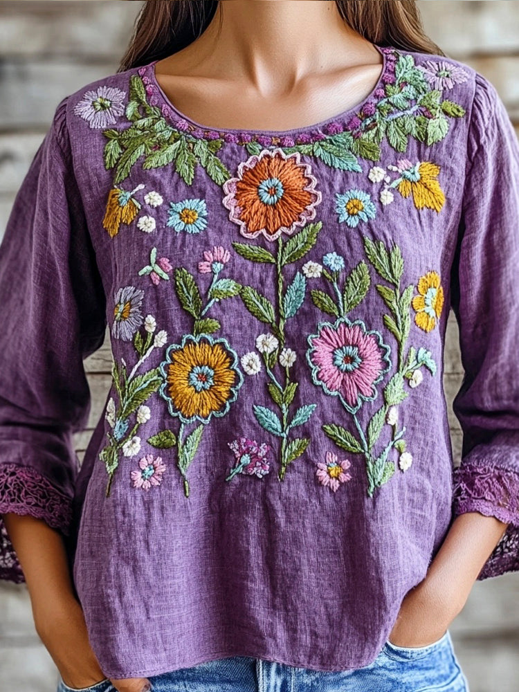 Purple Ethnic Floral Embroidery Vintage Women's Linen Shirt artswardrobe