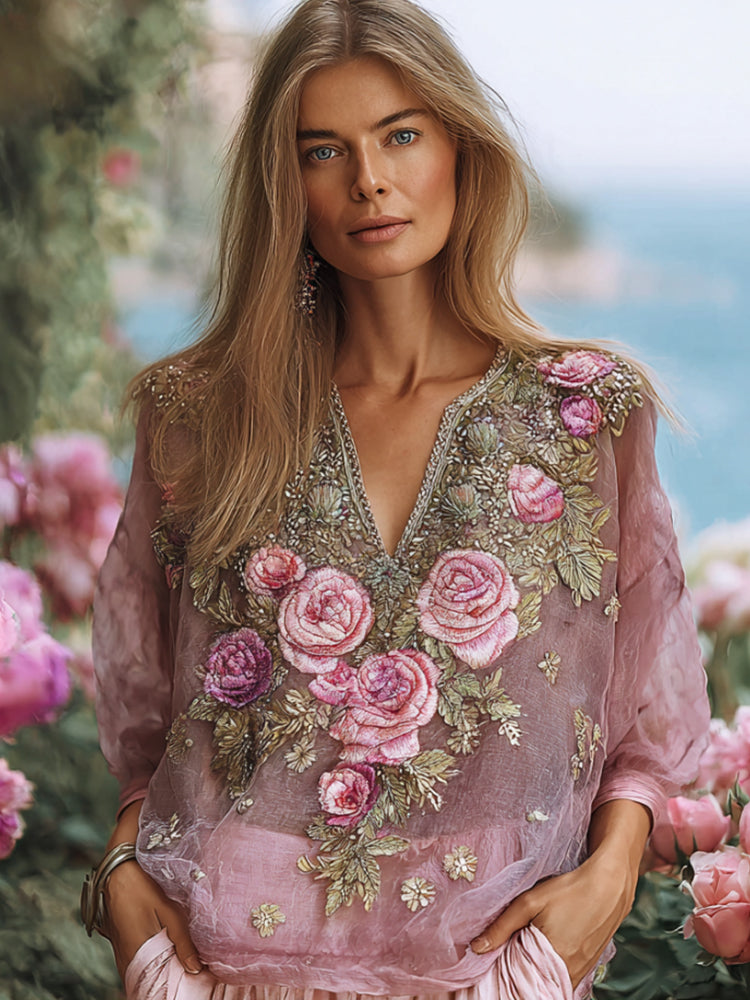 Comstylish Ladies' Romantic Rose Embroidery Casual Vintage Long-sleeved Top