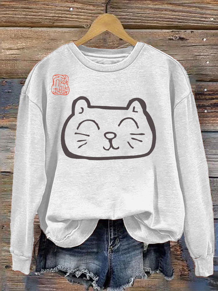 Japanese Art Cat Print Vintage Sweatshirt elevenforest